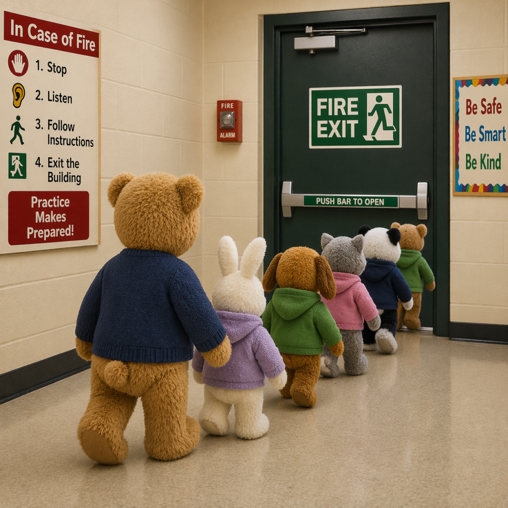 Teddy teacher leading teddys out of the building via a fire door