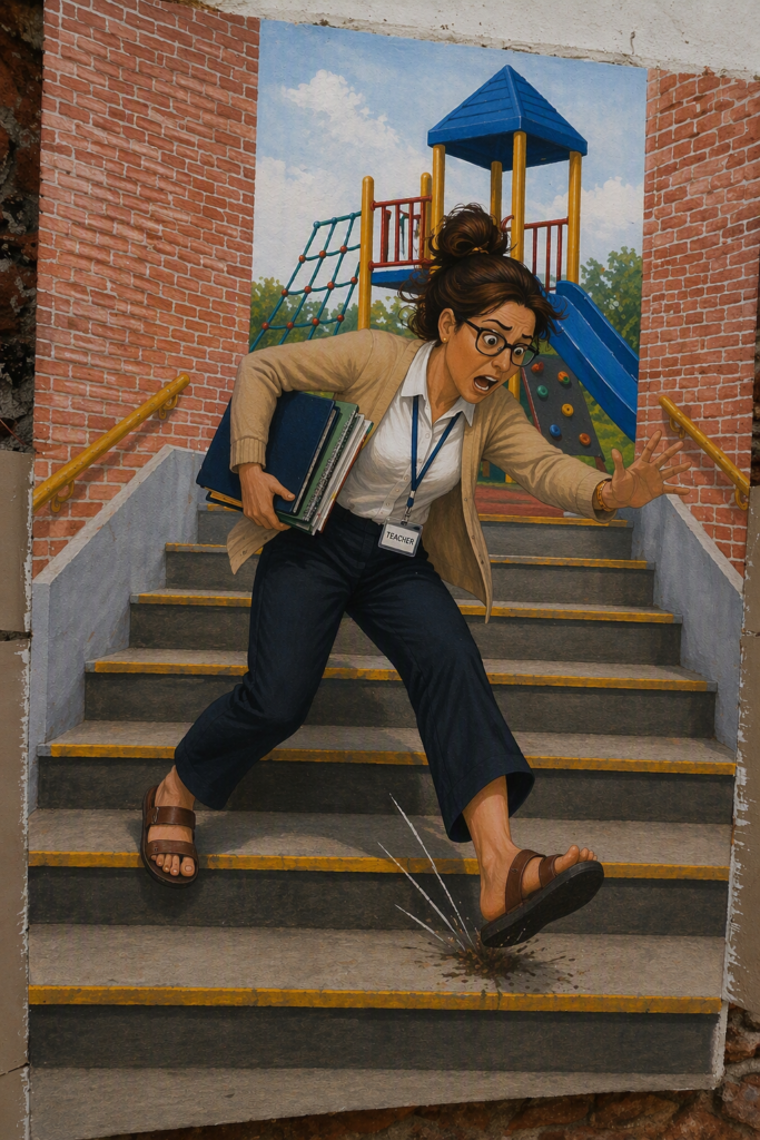 female teacher falling down stairs due to open toe sandals.