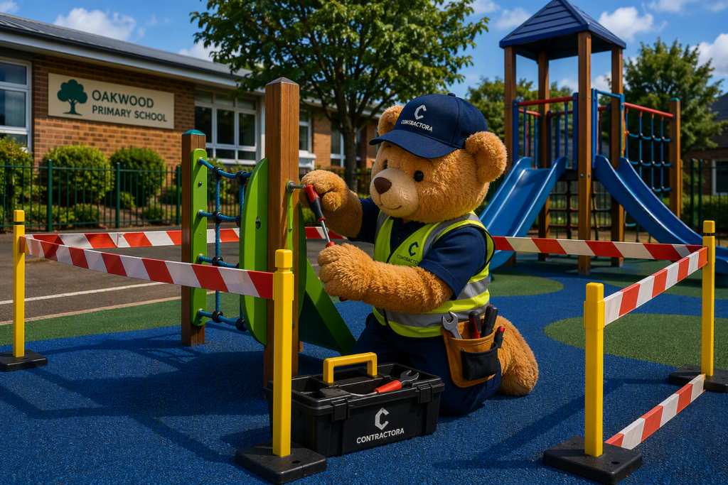 Teddy bear repairing outdoor play equipment