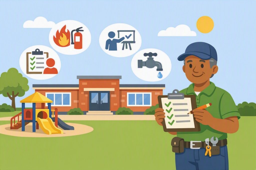 Illustration of a school safety inspection, showing a worker with a checklist outside a school, with icons for fire safety, training, water checks and compliance.