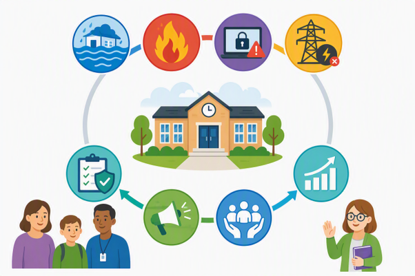 The picture shows a school preparing for different emergencies, managing risks, communicating with people, protecting the school community, and working towards improvement and recovery after incidents.