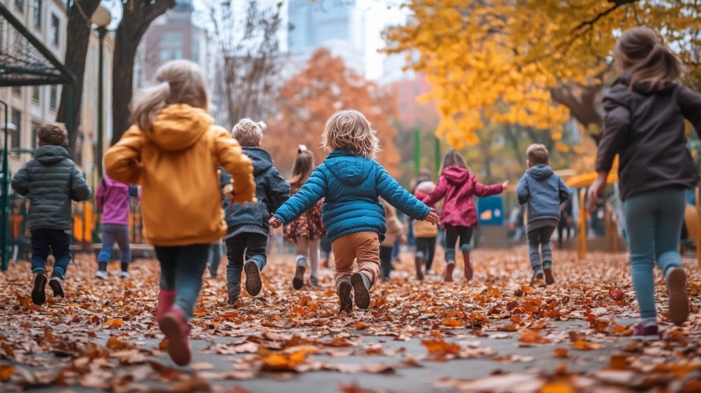 Young children walking on fallen tree leaves within a playground.